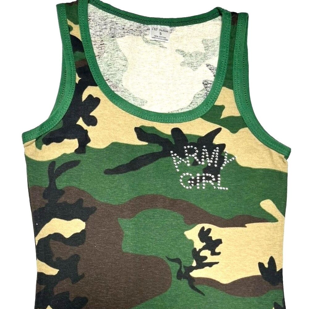 C&F Fashion camo rhinestone "Army Girl" scoop neck tank top junior size S